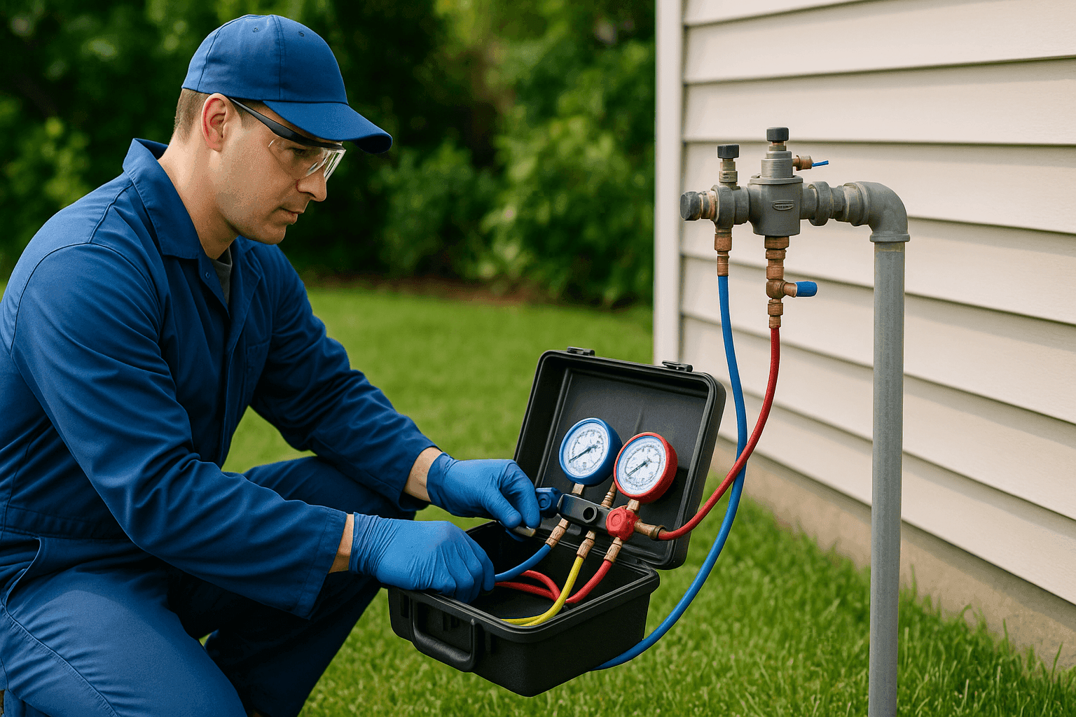 Plumber testing residential backflow prevention device outdoors