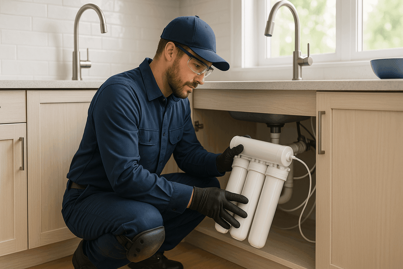 Técnico instalando un sistema de filtración de agua bajo el fregadero