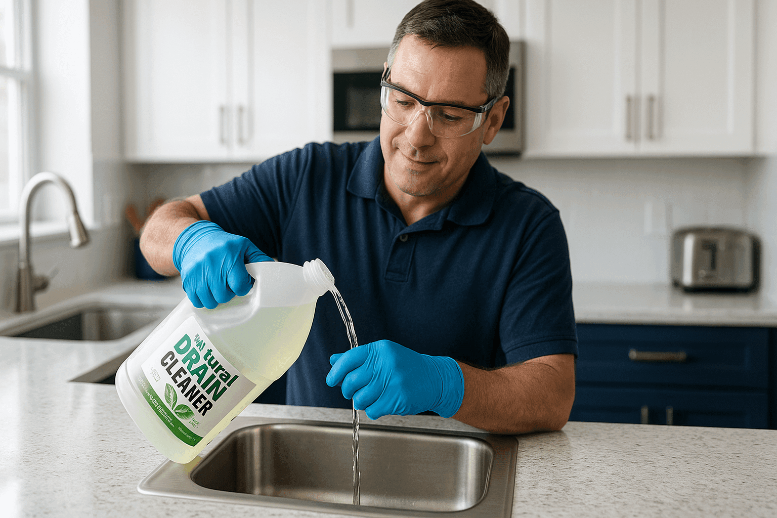 Homeowner pouring natural drain cleaner into kitchen sink