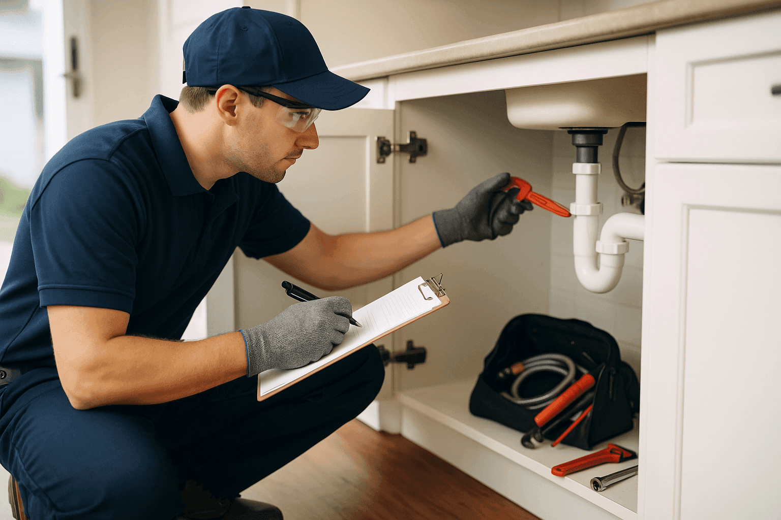 Professional plumber performing routine plumbing maintenance inspection in a home