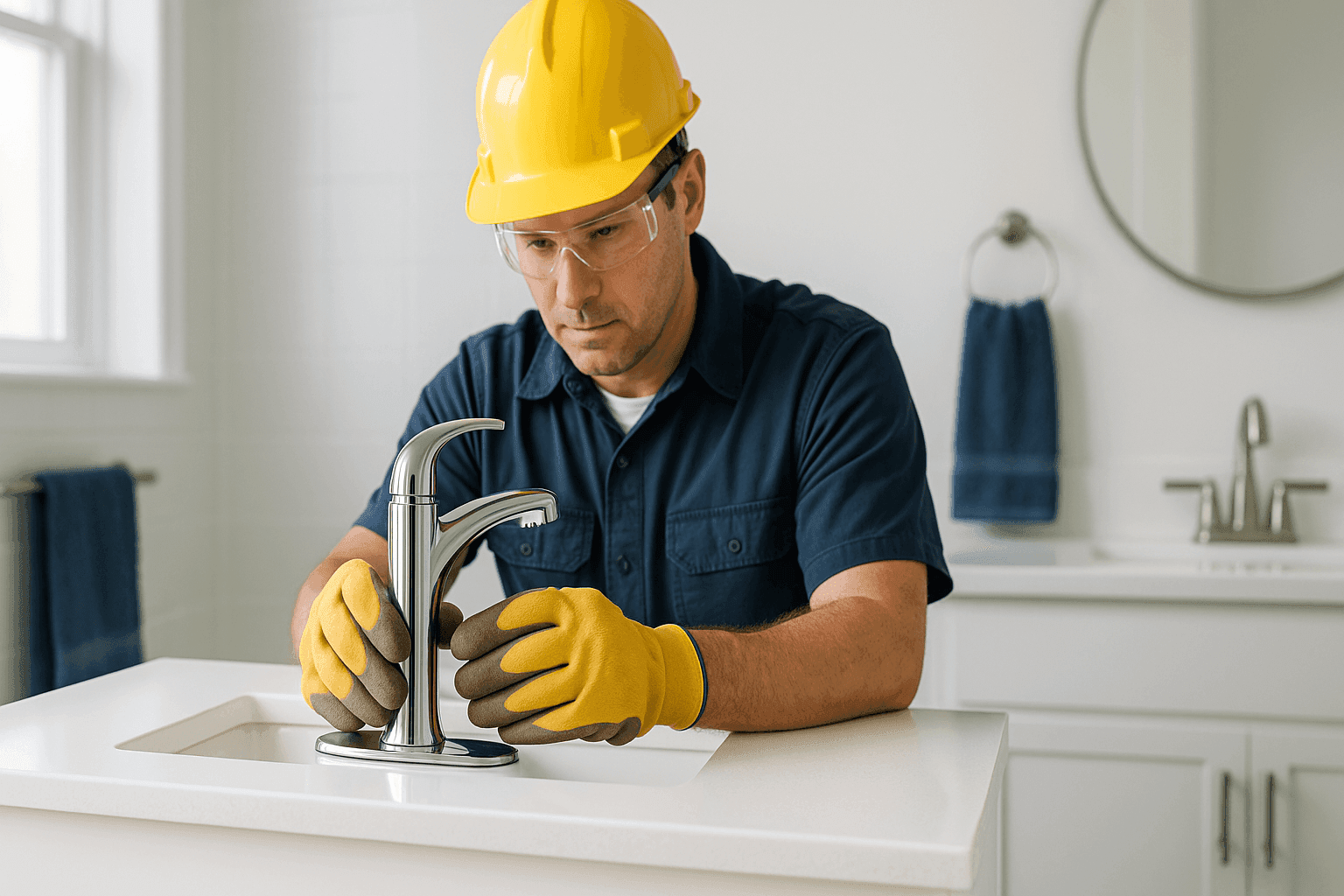 Técnico instalando grifo moderno en baño luminoso