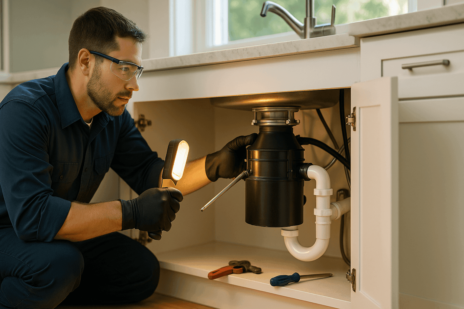 Técnico reparando un triturador de basura atascado bajo el fregadero de la cocina