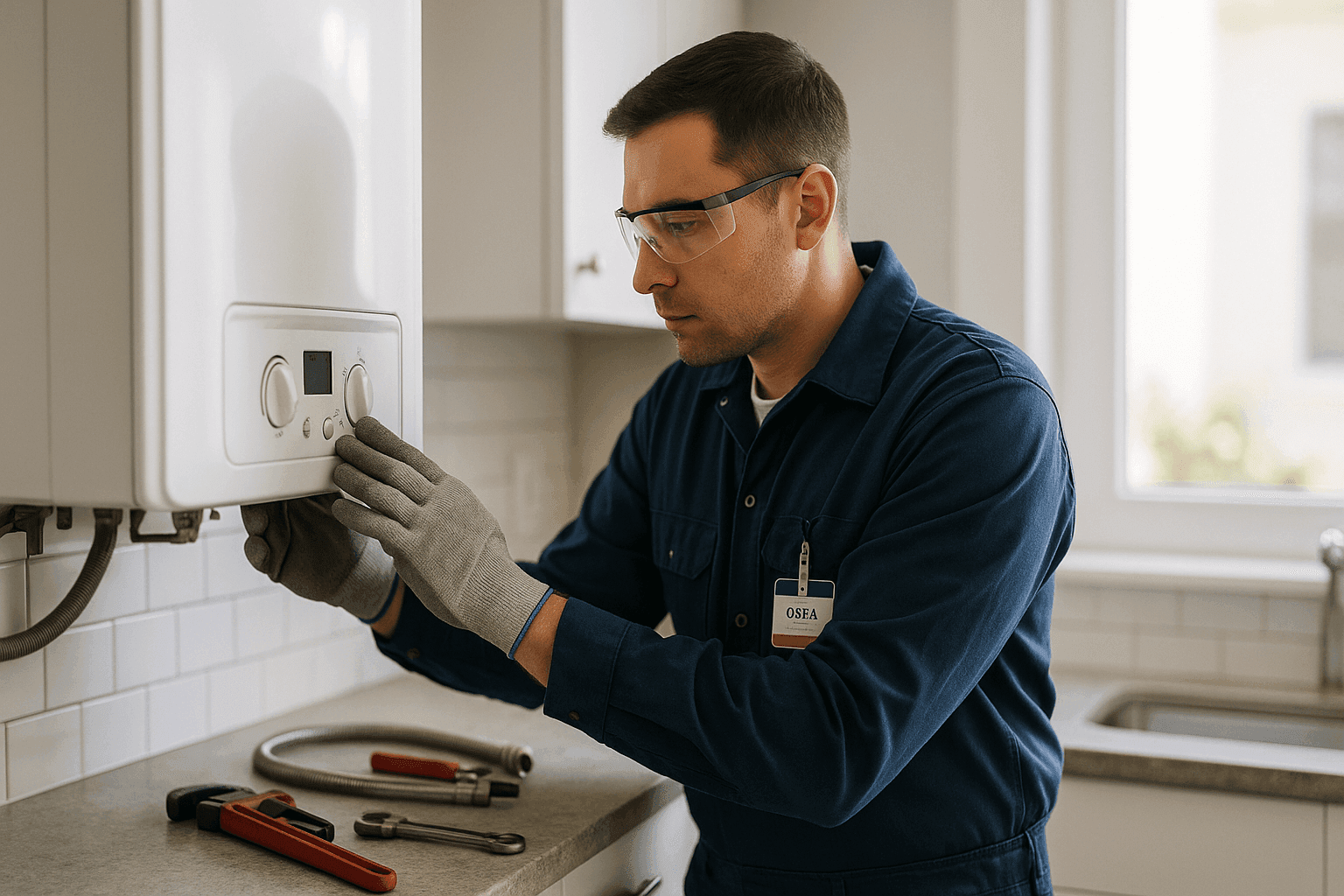 Certified technician performing gas safety check on home appliance