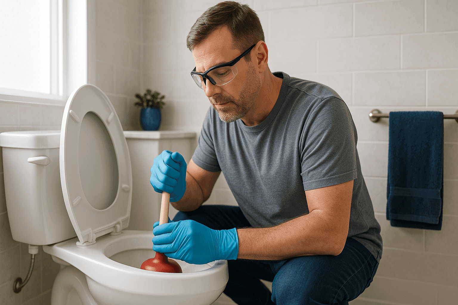 Propietario usando un desatascador para destapar el inodoro en un baño luminoso