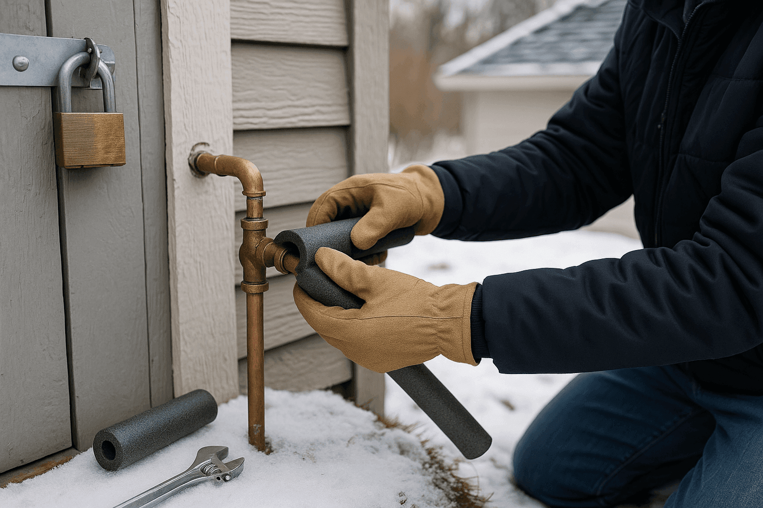 Propietario aislando tuberías de plomería exteriores para evitar congelamiento en invierno