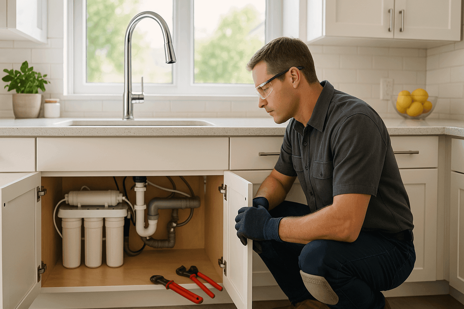 Modern kitchen with new sink faucet and under-sink filtration
