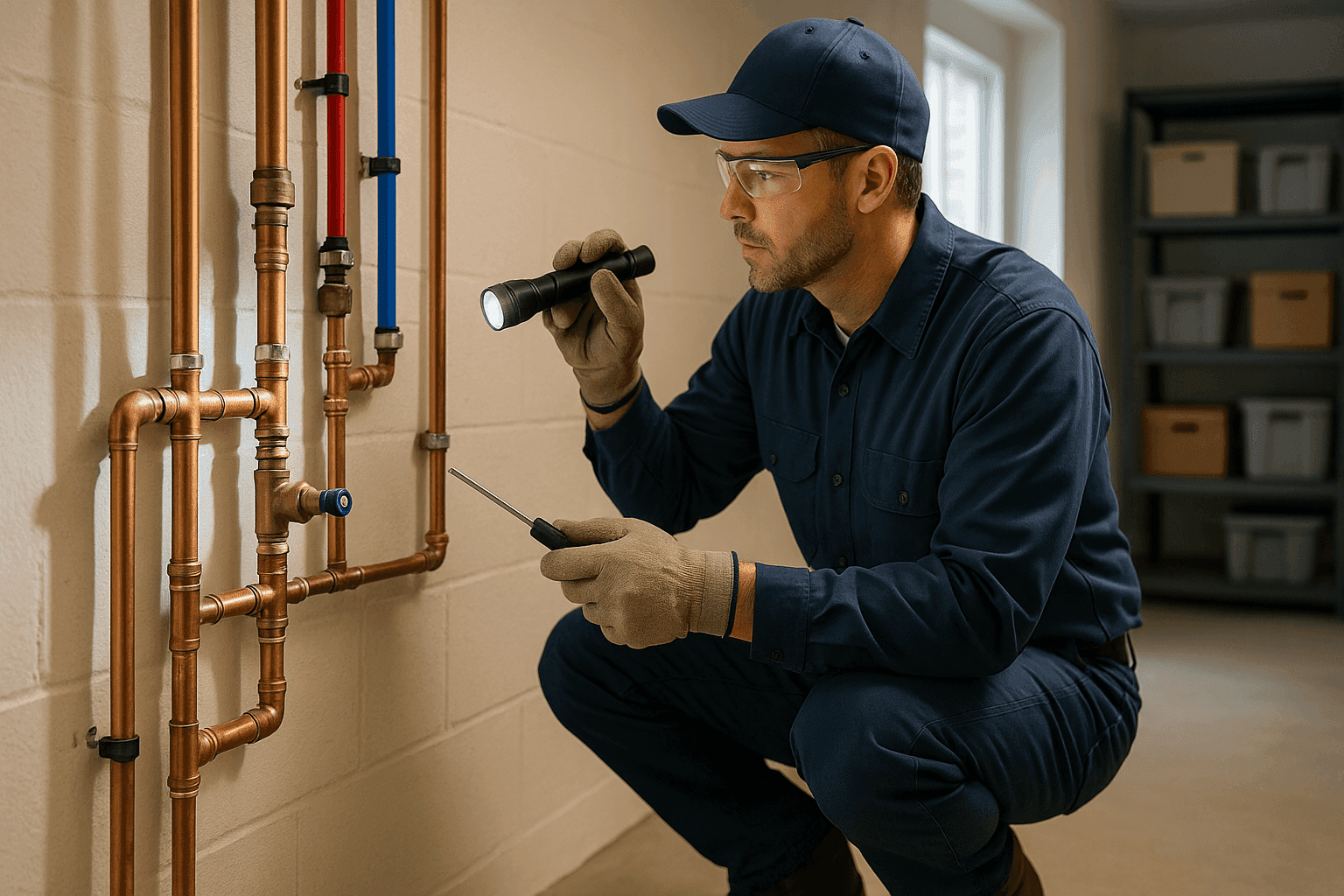 Plumber assessing old copper pipes in basement