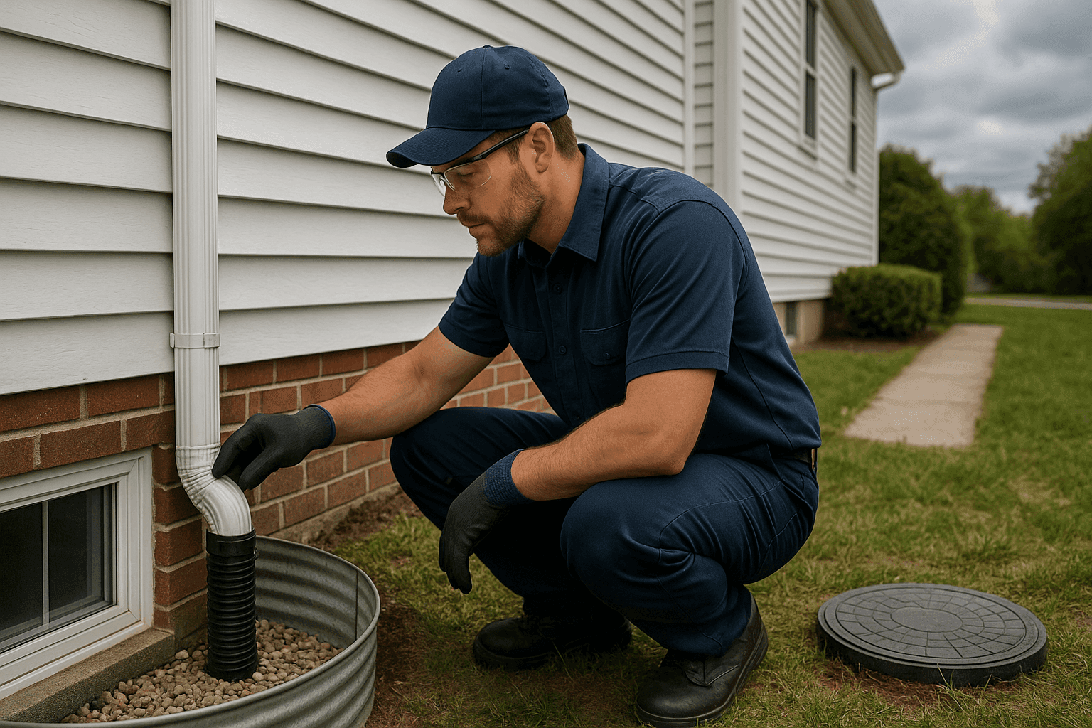 Plomero inspeccionando bajante y bomba de sumidero antes de una lluvia intensa