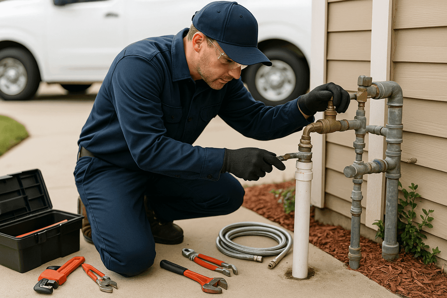 Plomero realizando inspección de mantenimiento preventivo de plomería en un hogar