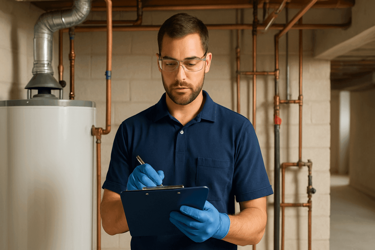 Técnico revisando una lista de verificación de mantenimiento de plomería en un sótano residencial
