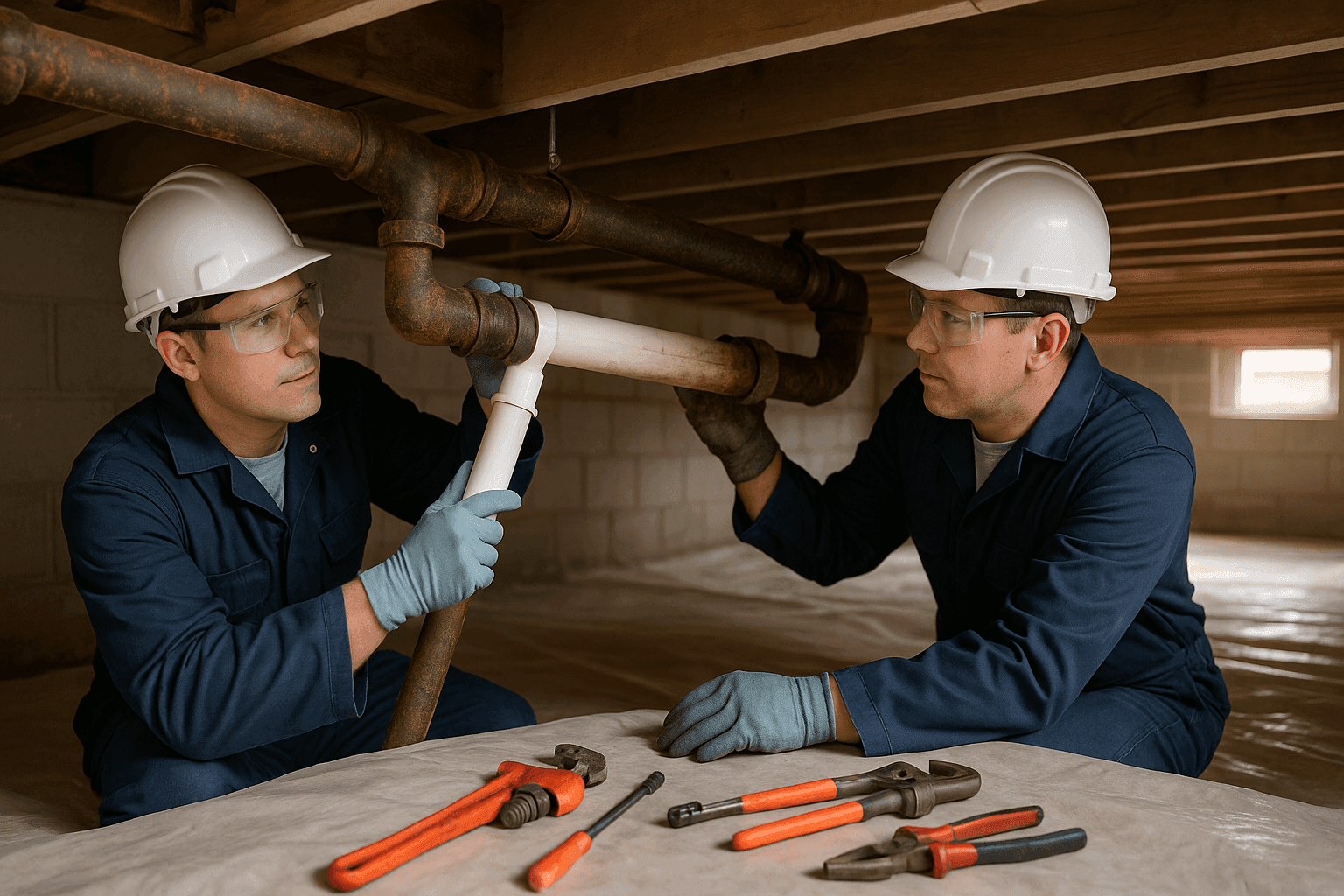 Técnicos reemplazando tuberías viejas en el espacio de arrastre de una vivienda