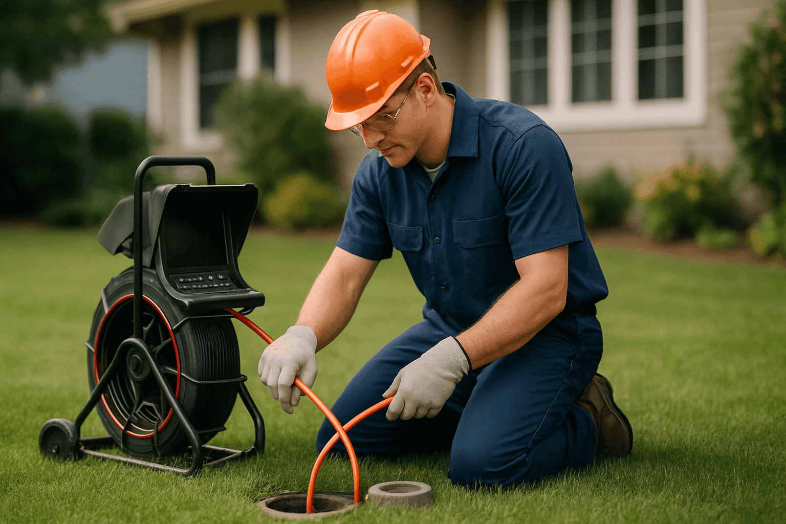 Plomero usando una cámara para inspeccionar el registro de la línea de alcantarillado residencial