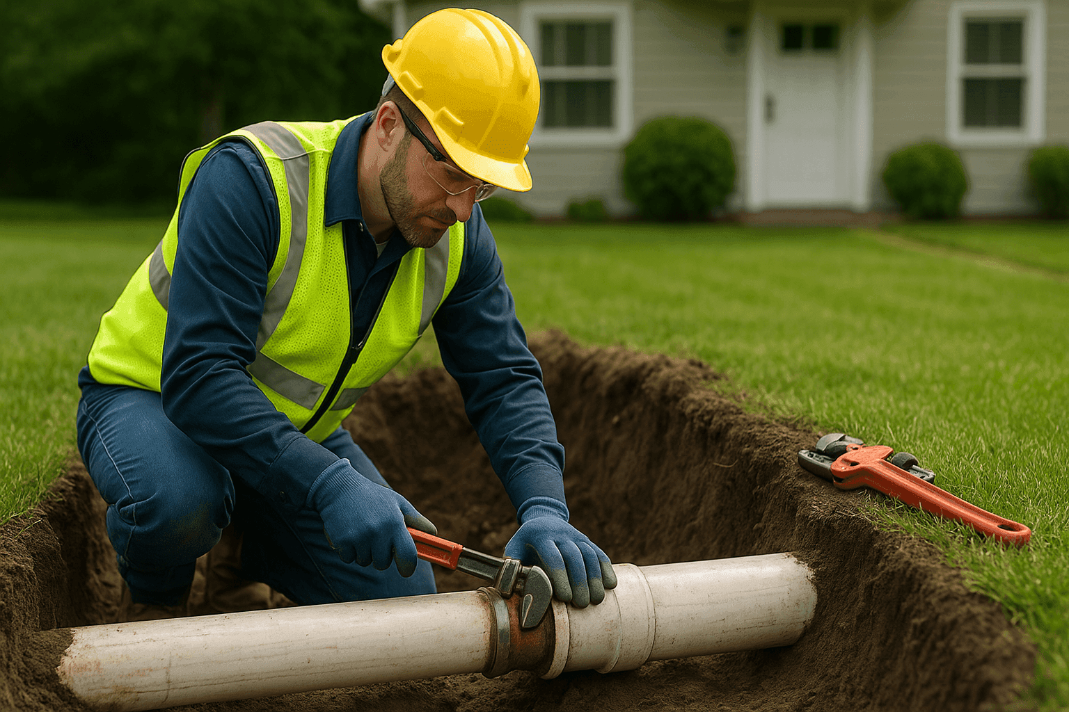 Técnico reparando zanja de tubería de alcantarillado en patio residencial