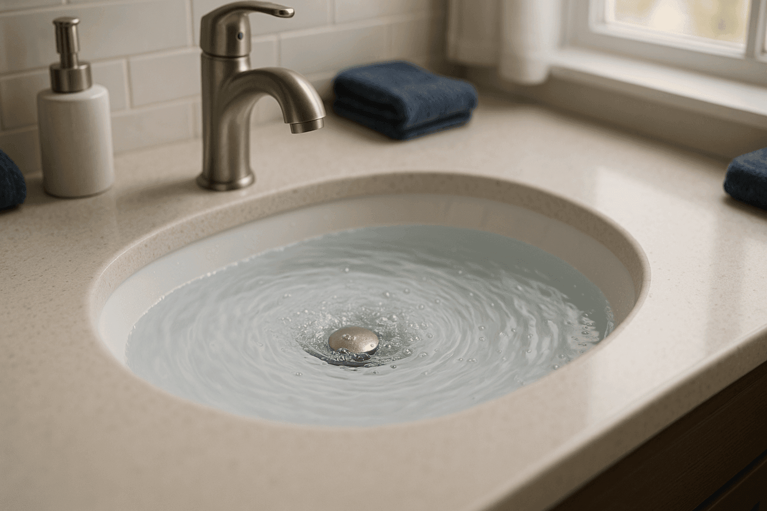 Lavabo de baño que drena lentamente con agua estancada