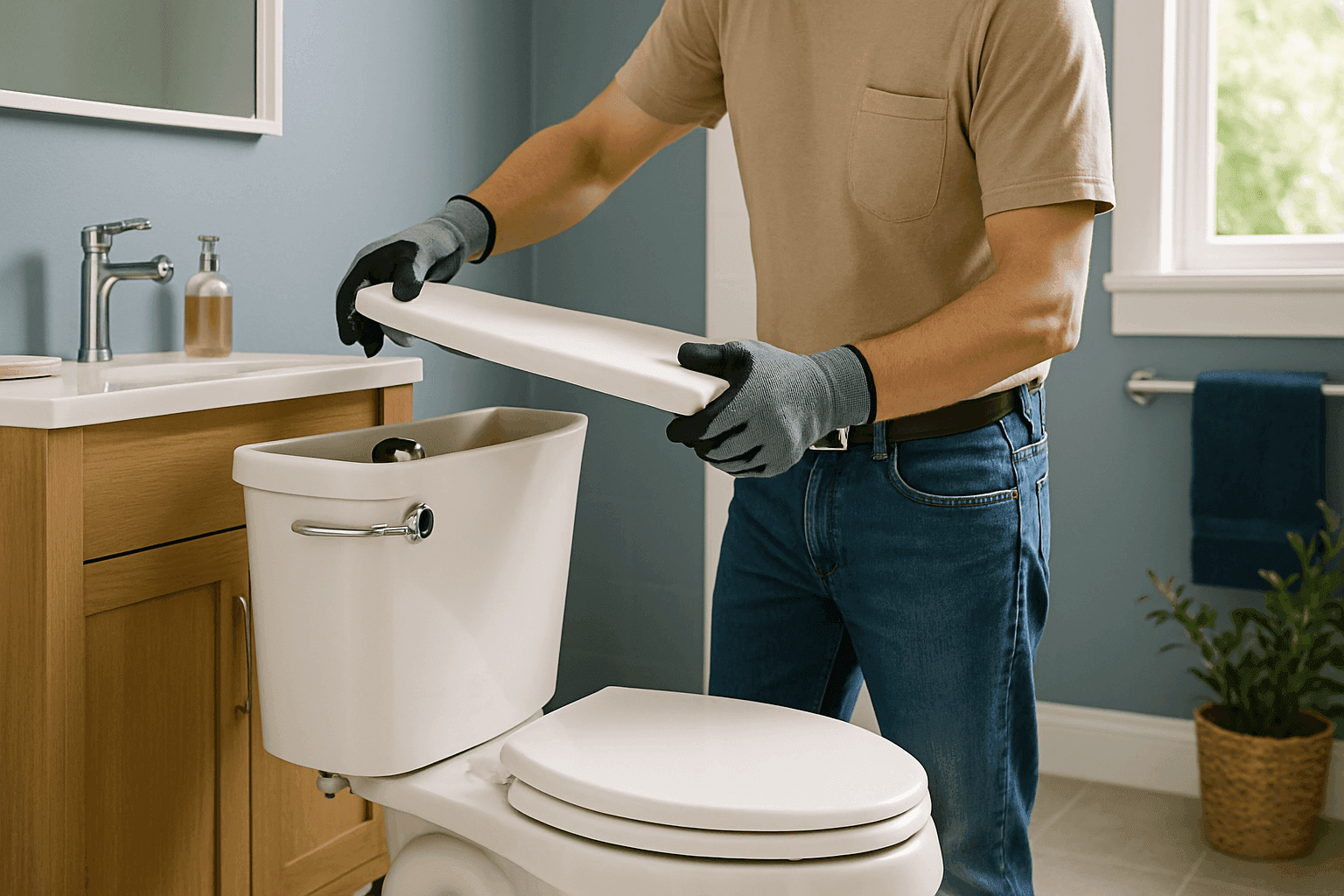 Homeowner removing toilet tank lid to inspect flushing mechanism