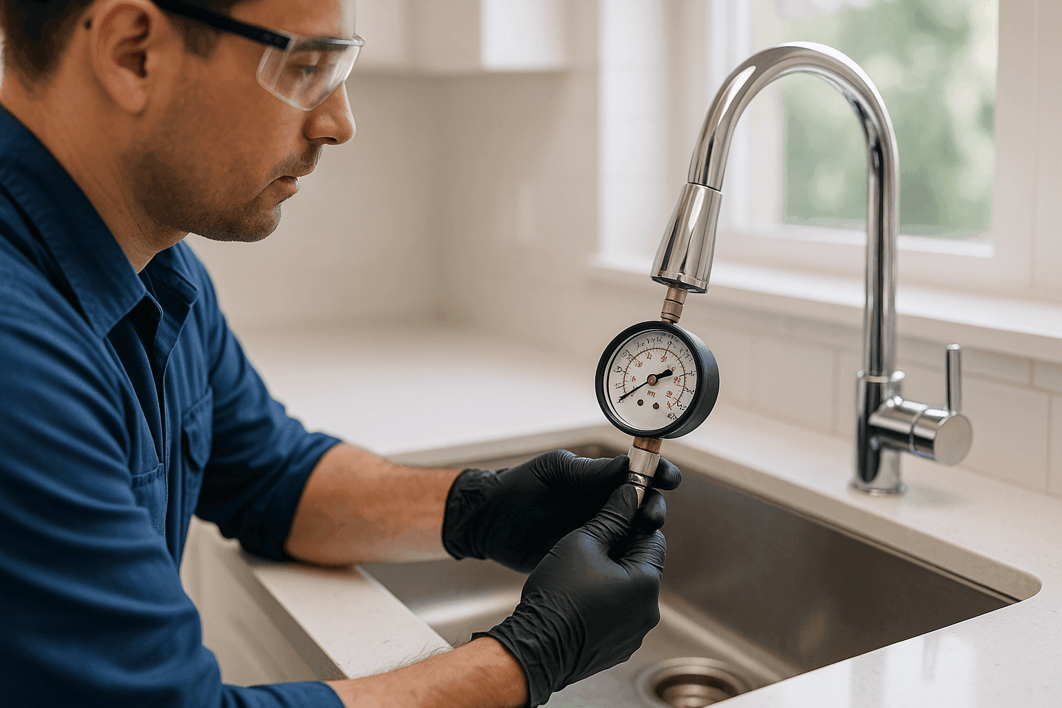 Técnico probando la presión de agua en un grifo de cocina