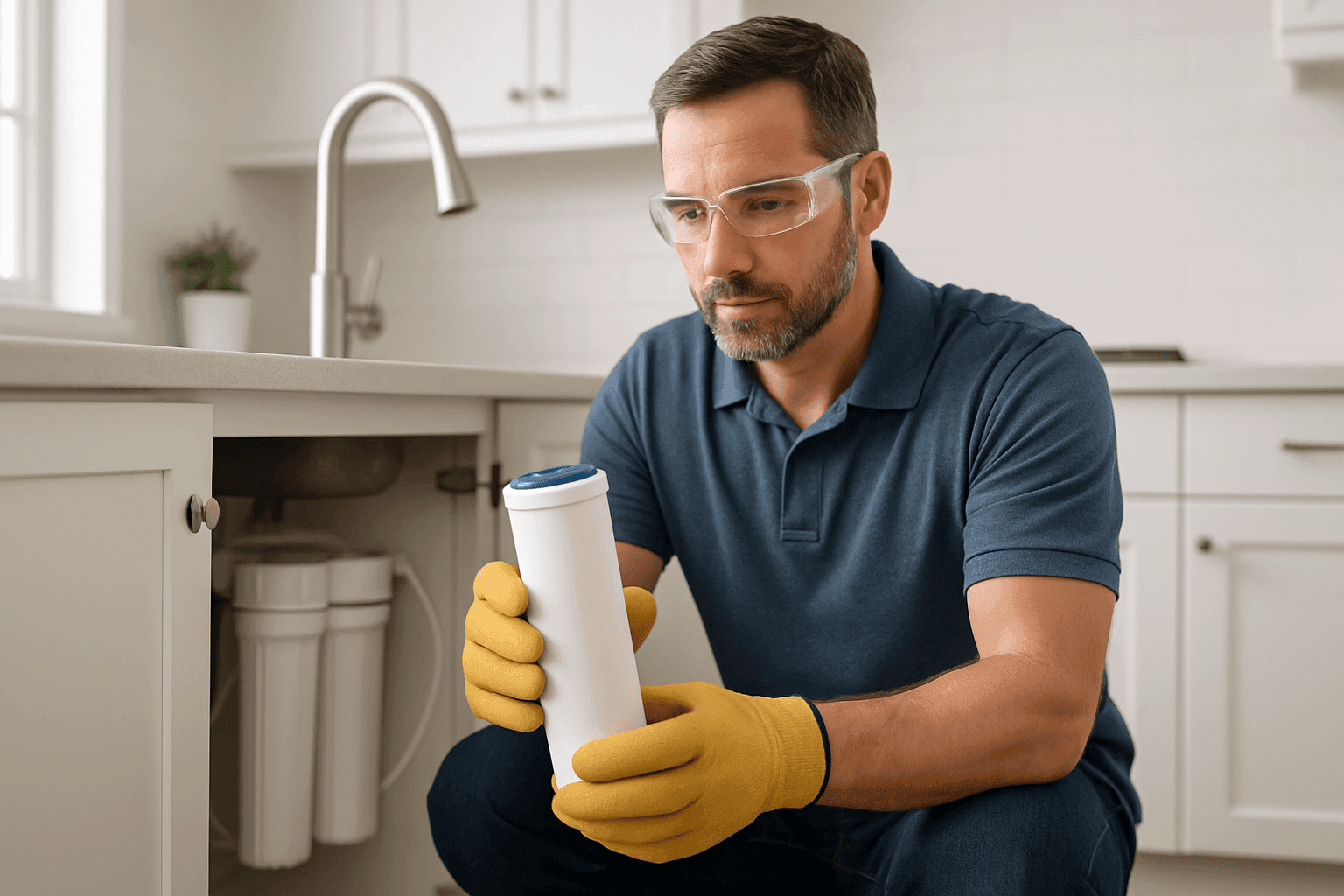 Propietario cambiando el cartucho del filtro de agua bajo el fregadero de la cocina