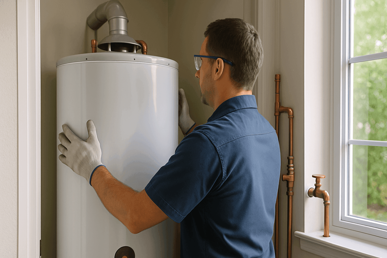 Técnico instalando un nuevo calentador de agua en el armario de servicios de una casa