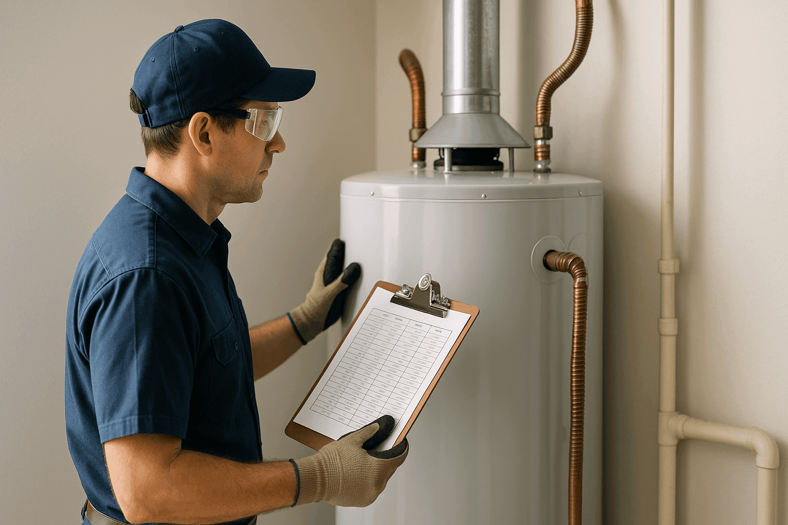 Technician inspecting residential water heater with price chart in background