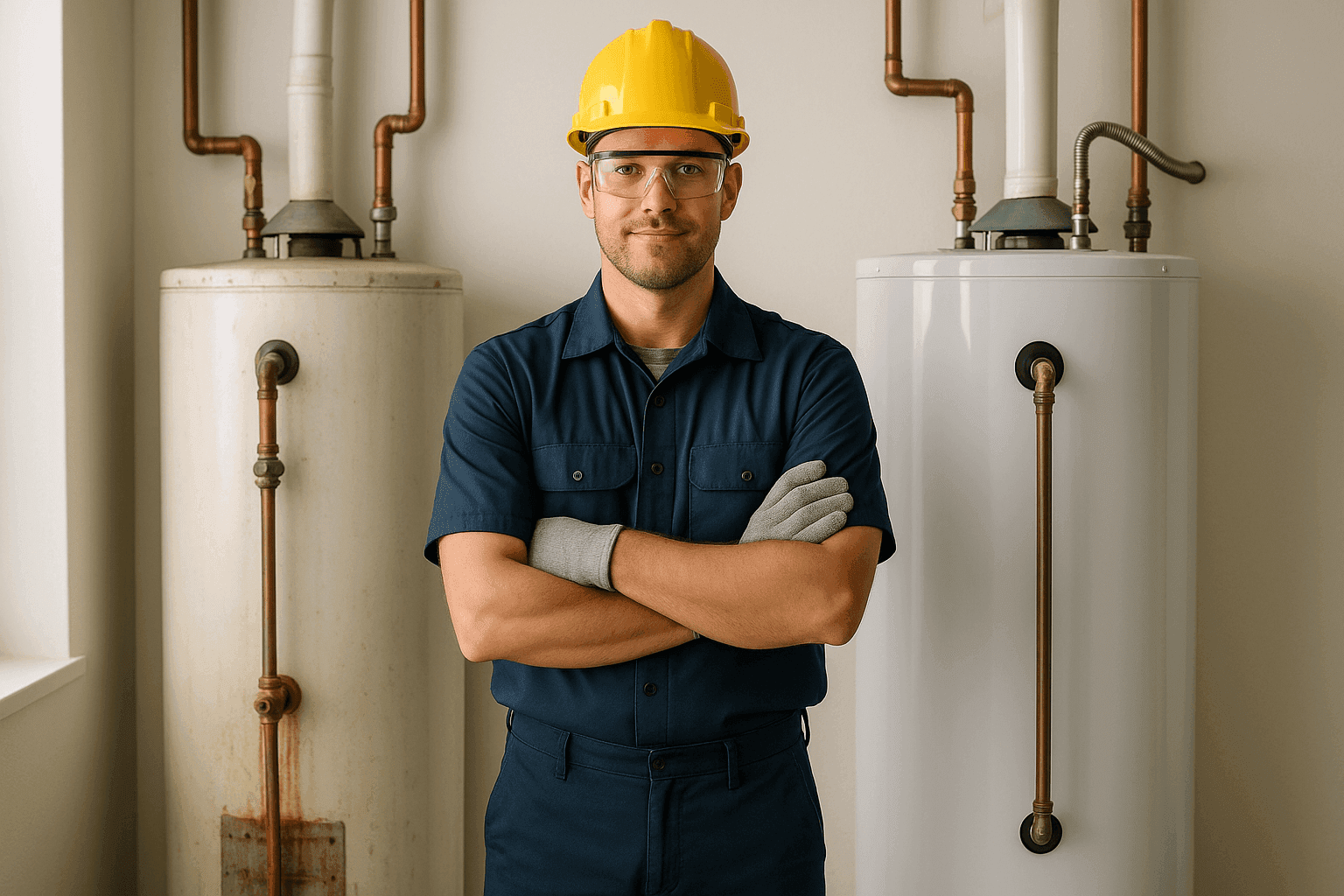 Technician comparing new and old water heaters in utility room